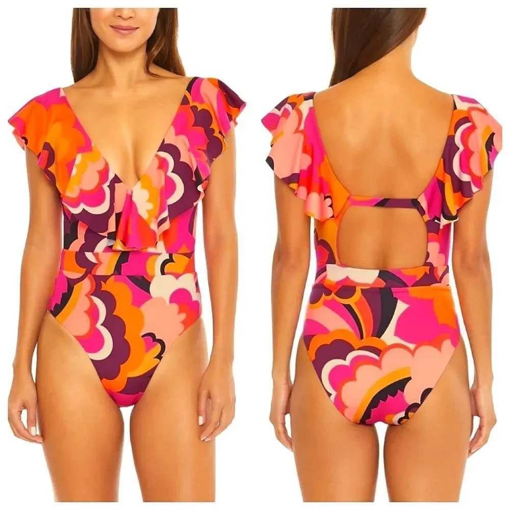 Trina Turk Women's Fan Faire Ruffled Plunge One-Piece Swimsuit Size 10